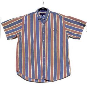 Claybrooke Classic Button Up Shirt Men's XL Short Sleeve Blue Red Yellow Stripes